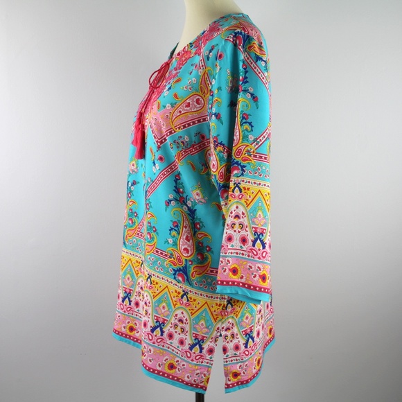 Paparazzi Paisley Embroidered Tunic Turquoise Floral Pink M NEW - Picture 3 of 5